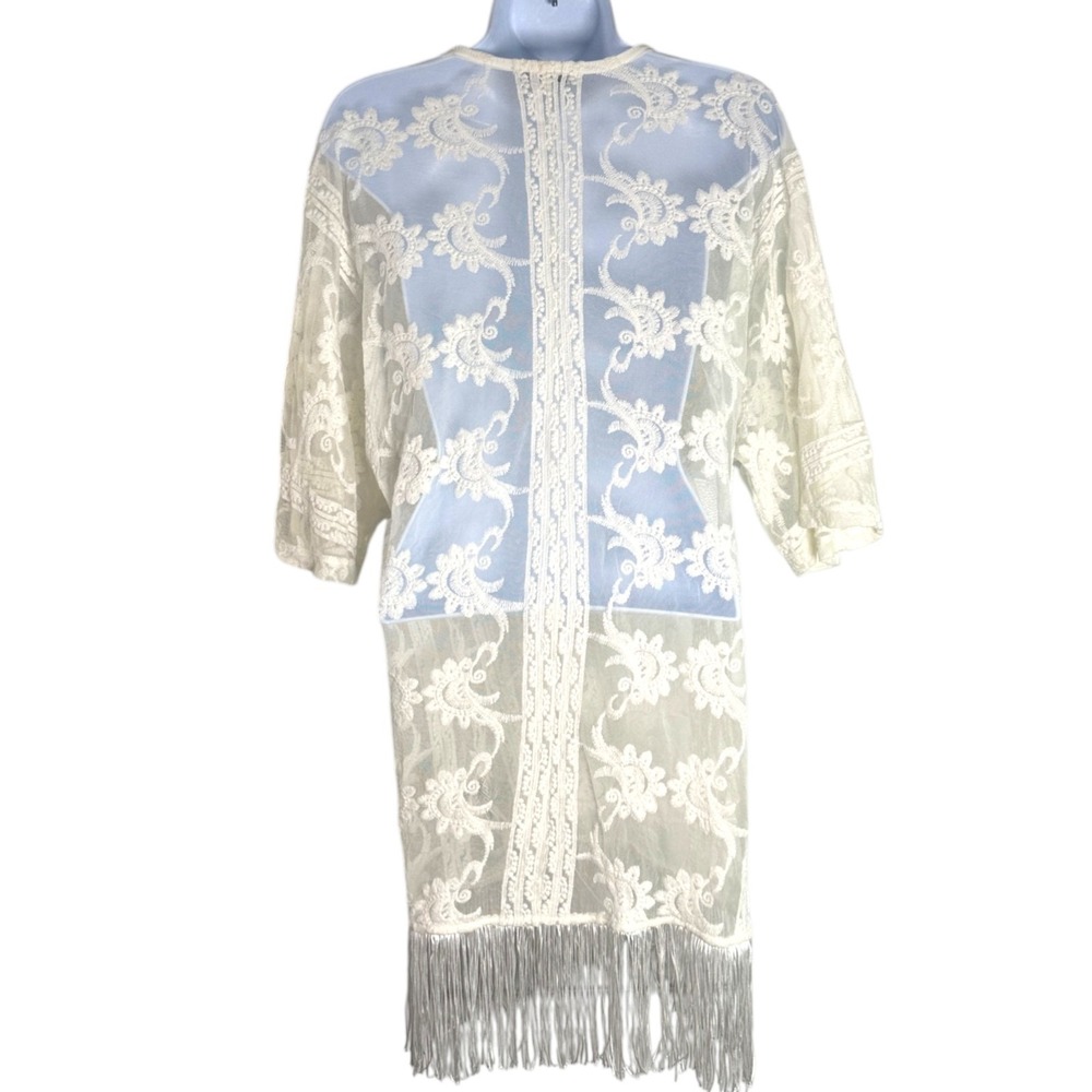 Sheer Lace Kimono Swim Cover Up Sz XS Fringe Hem Ivory Boho Festival Beach Layer - Picture 4 of 8